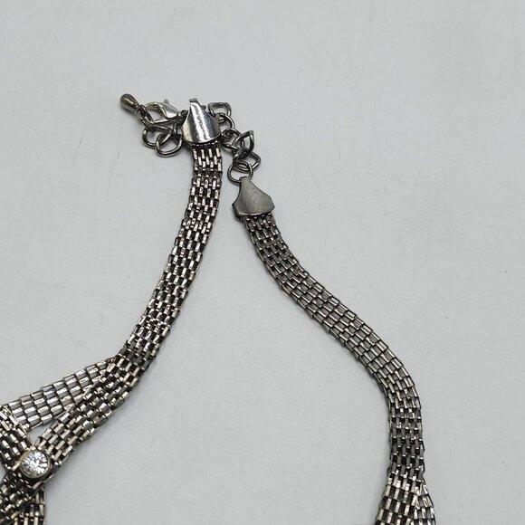 Vintage Mesh Chain Bib Necklace With Rhinestones Lobster Clasp - Picture 4 of 6